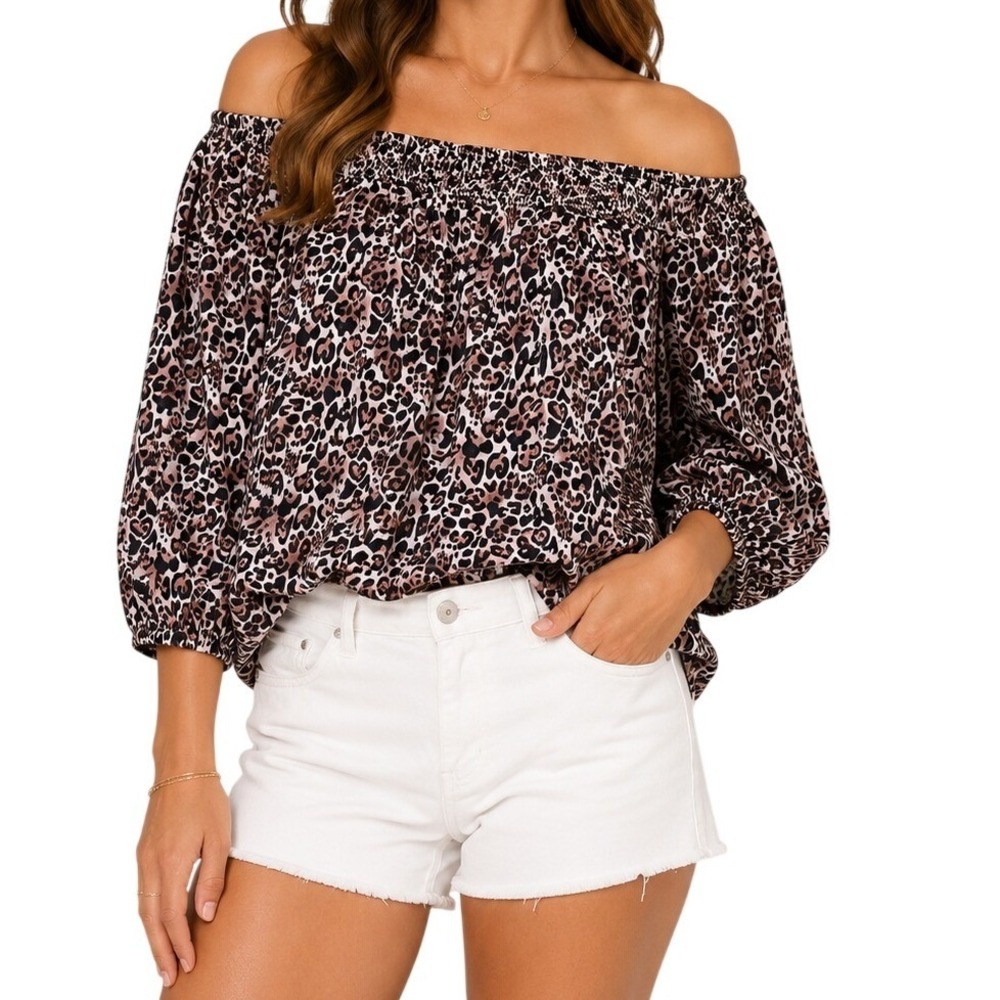 ZESICA Womens Leopard Animal Print Off The Shoulder Smocked Puff‎ Sleeve Top M